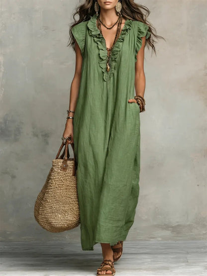 Vestido Maxi de Lino con Escote en V y Volantes para Mujer