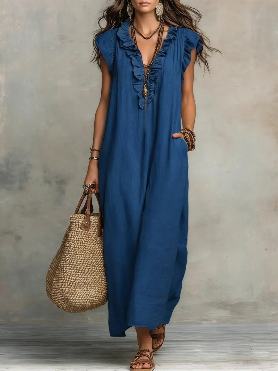 Vestido Maxi de Lino con Escote en V y Volantes para Mujer