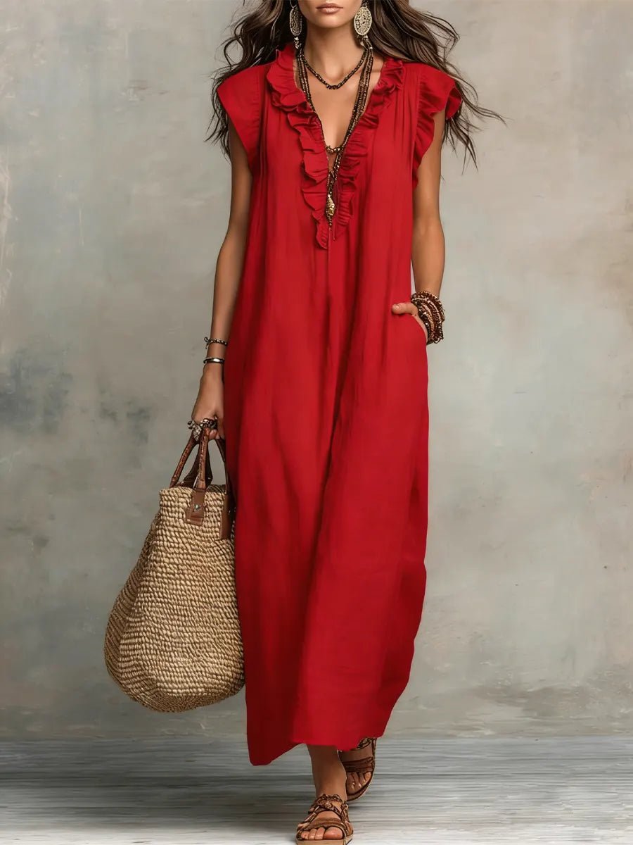 Vestido Maxi de Lino con Escote en V y Volantes para Mujer