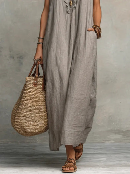 Vestido Maxi de Lino con Escote en V y Volantes para Mujer