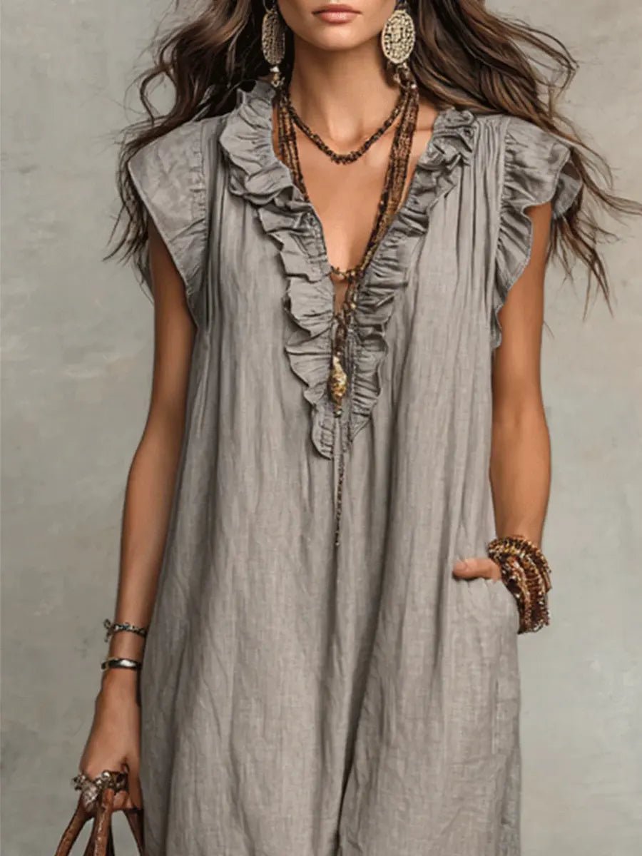 Vestido Maxi de Lino con Escote en V y Volantes para Mujer