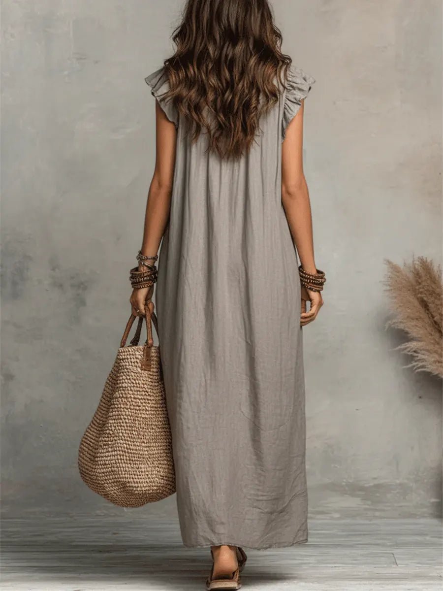 Vestido Maxi de Lino con Escote en V y Volantes para Mujer