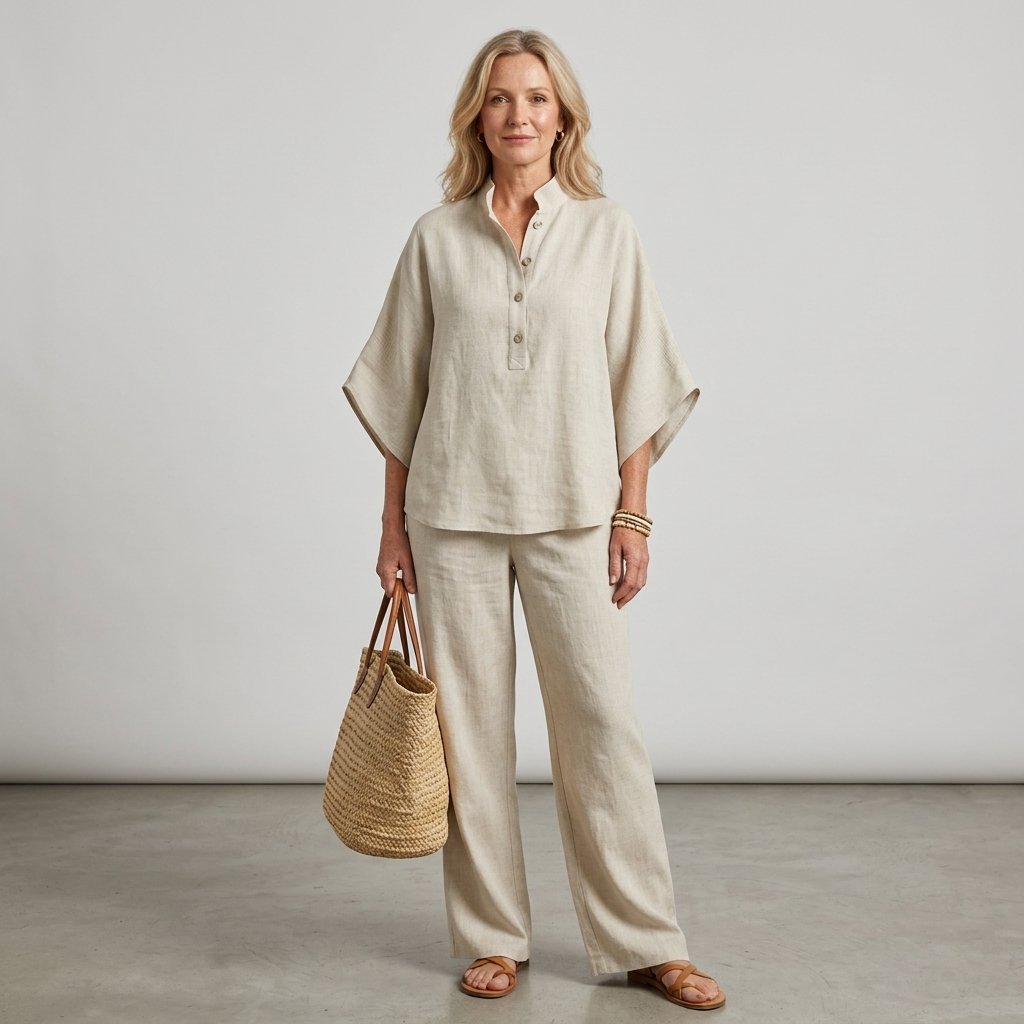 Conjunto de lino para mujer con top de cuello mao, mangas kimono y pantalón de pierna ancha