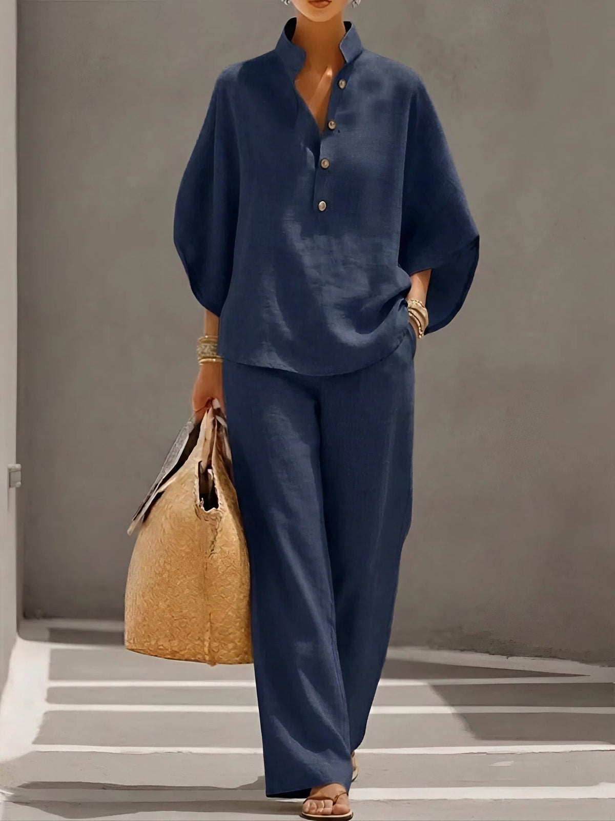 Conjunto de lino para mujer con top de cuello mao, mangas kimono y pantalón de pierna ancha