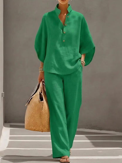 Conjunto de lino para mujer con top de cuello mao, mangas kimono y pantalón de pierna ancha