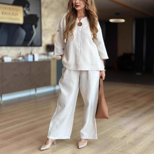 Conjunto de túnica de lino con manga 3/4 y pantalón palazzo para mujer