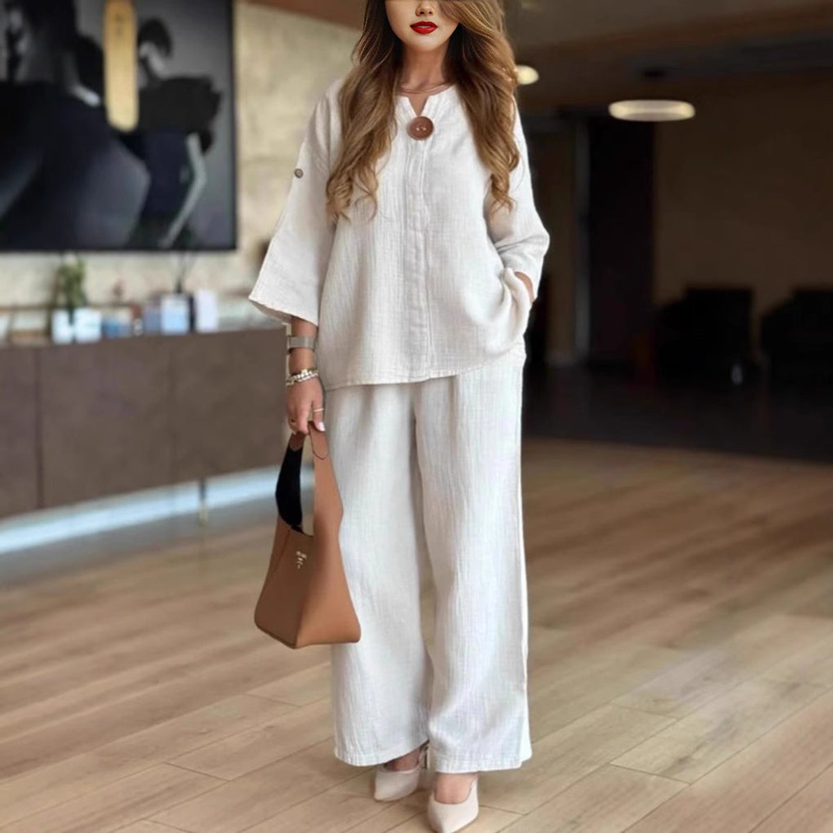 Conjunto de túnica de lino con manga 3/4 y pantalón palazzo para mujer