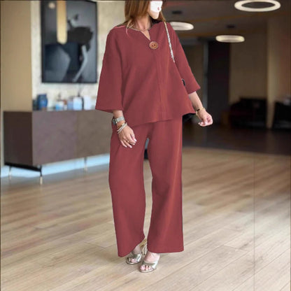 Conjunto de túnica de lino con manga 3/4 y pantalón palazzo para mujer