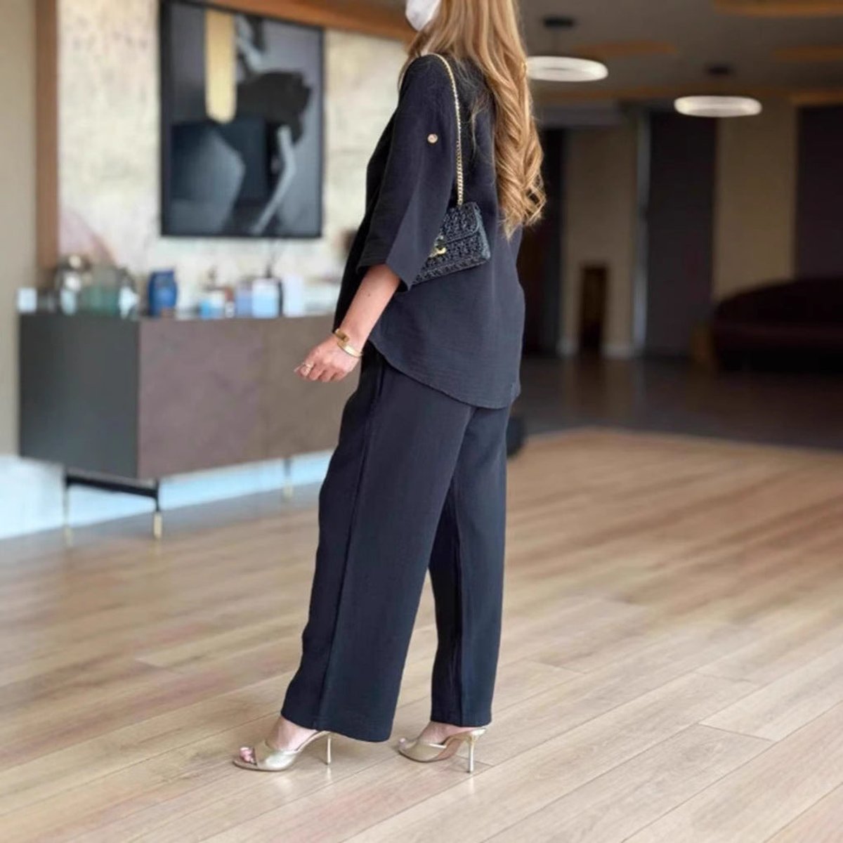 Conjunto de túnica de lino con manga 3/4 y pantalón palazzo para mujer