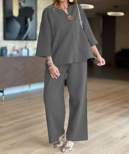 Conjunto de túnica de lino con manga 3/4 y pantalón palazzo para mujer