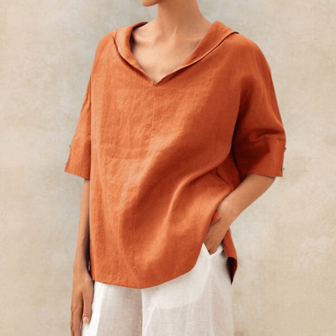 Blusa túnica de lino con cuello en V para mujer