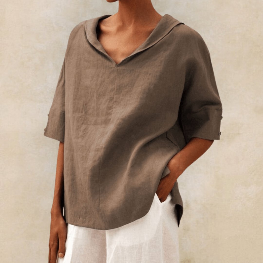 Blusa túnica de lino con cuello en V para mujer