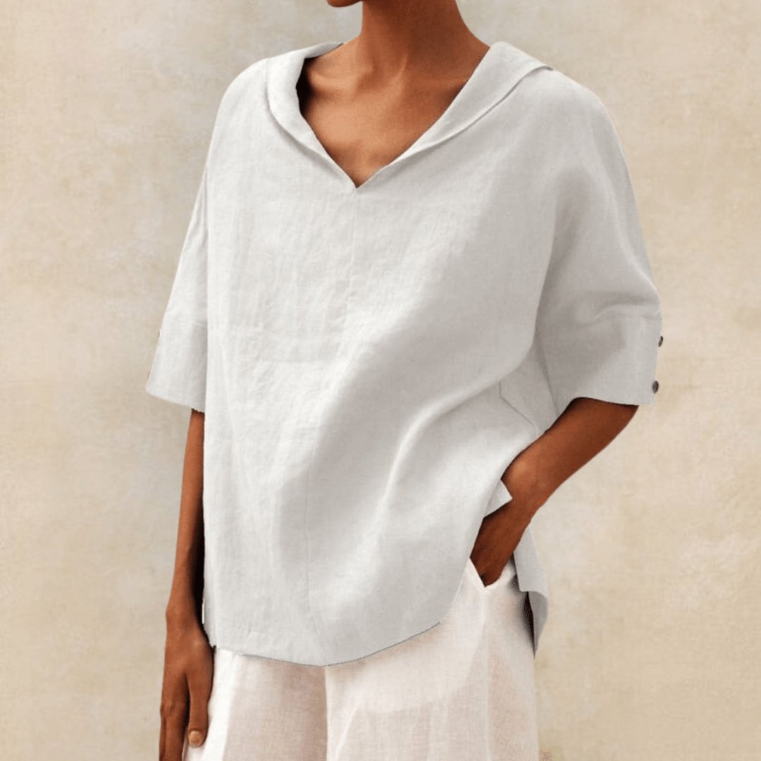 Blusa túnica de lino con cuello en V para mujer