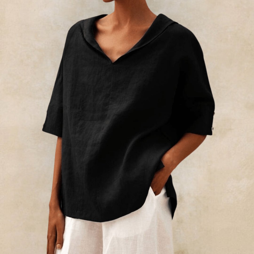 Blusa túnica de lino con cuello en V para mujer