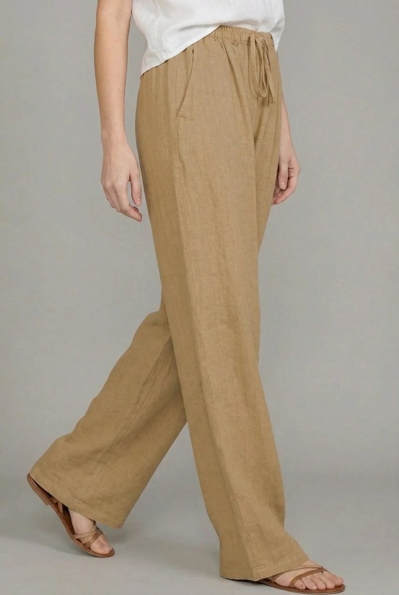 Pantalón de lino de pierna ancha con cintura elástica de verano para mujer