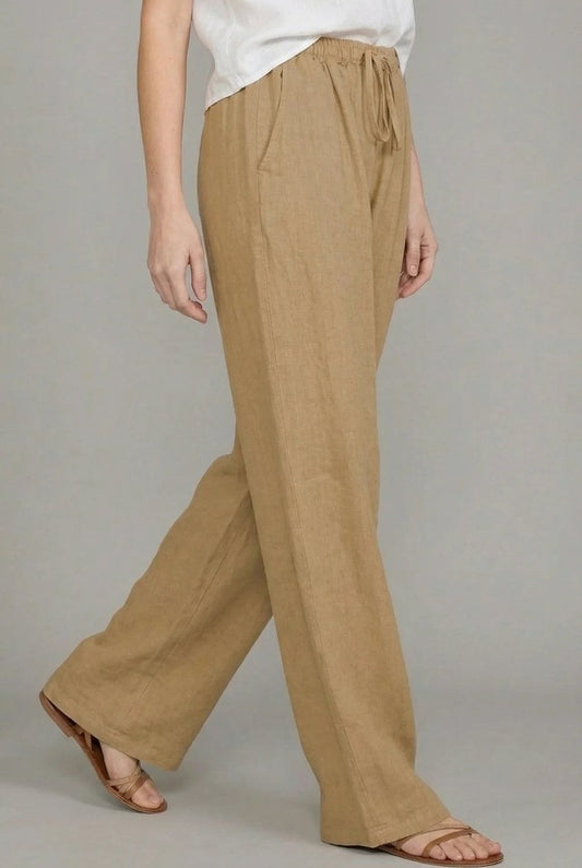 Pantalón de lino de pierna ancha con cintura elástica de verano para mujer