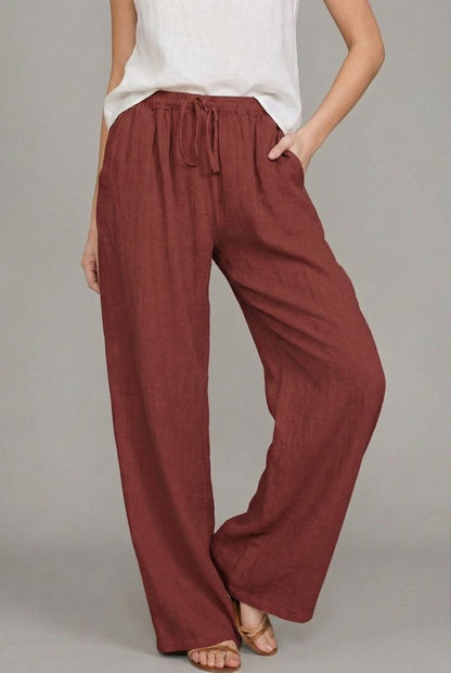 Pantalón de lino de pierna ancha con cintura elástica de verano para mujer