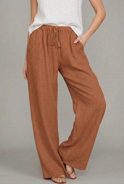 Pantalón de lino de pierna ancha con cintura elástica de verano para mujer