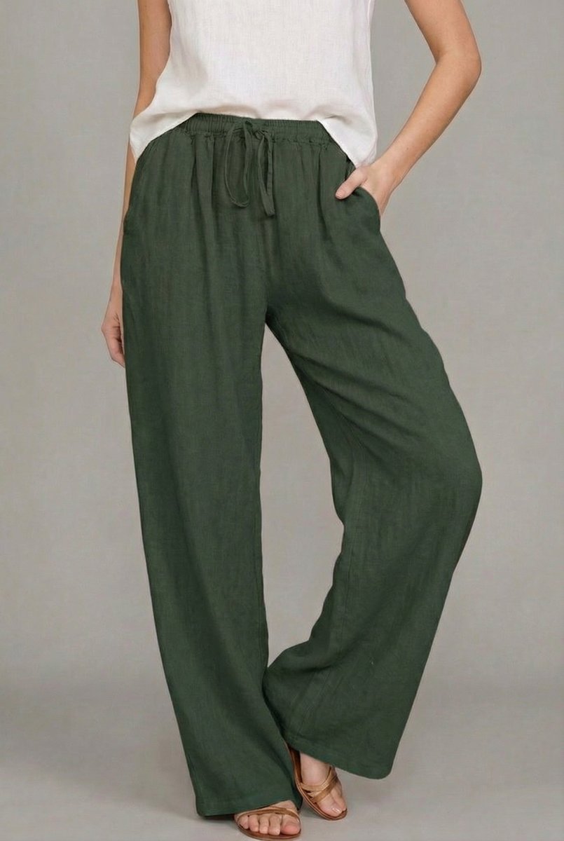 Pantalón de lino de pierna ancha con cintura elástica de verano para mujer