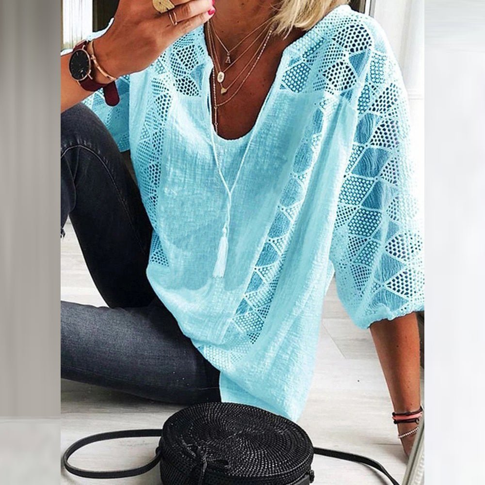 Blusa bohemia de manga 3/4 con detalles de crochet para mujer