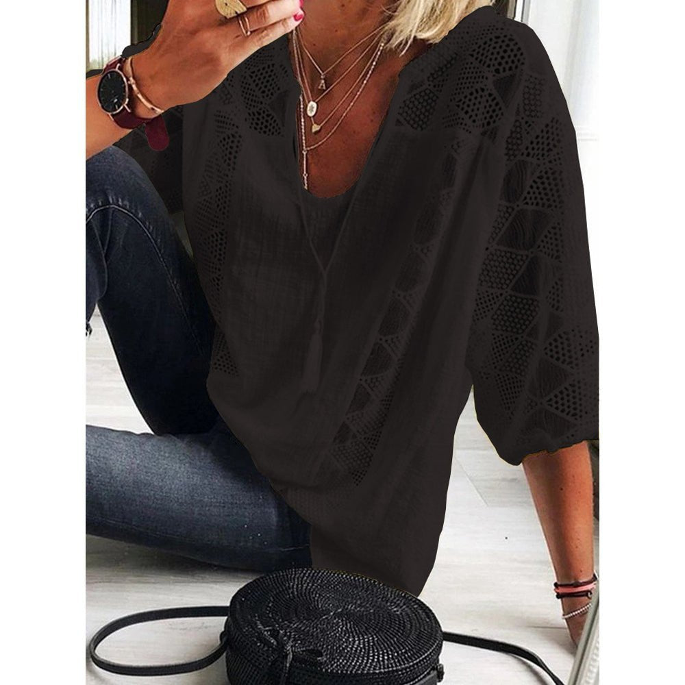 Blusa bohemia de manga 3/4 con detalles de crochet para mujer
