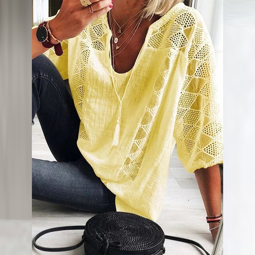 Blusa bohemia de manga 3/4 con detalles de crochet para mujer