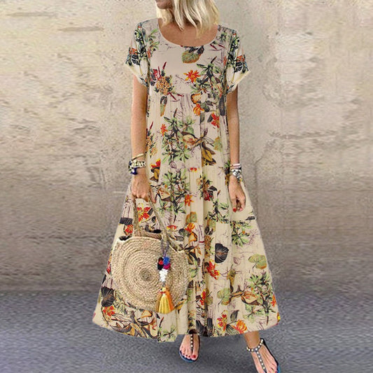 Vestido Maxi Holgado con Estampado Floral y Manga Corta para Mujer