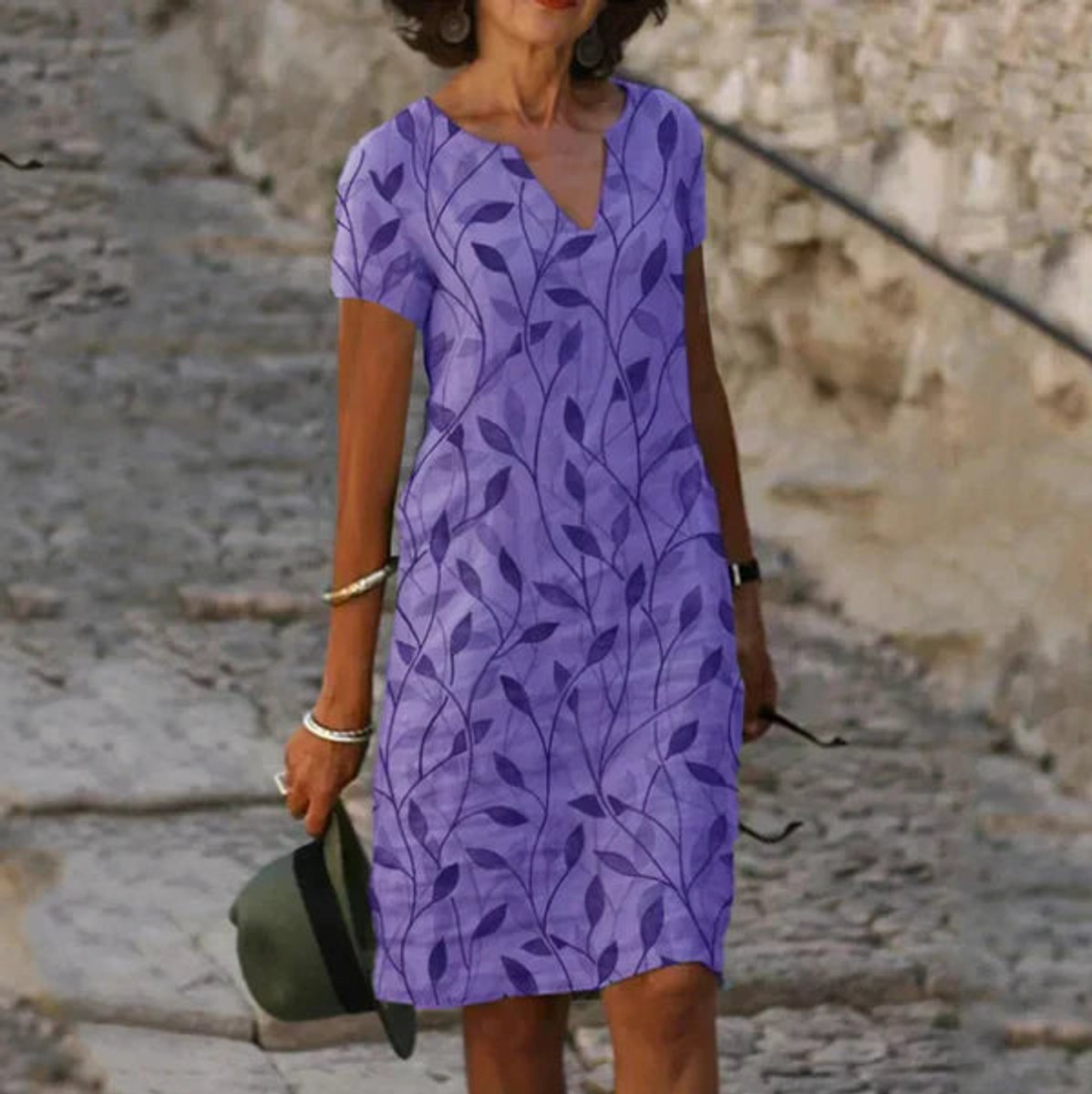 Vestido de Verano para Mujer con Cuello en V, Manga Corta y Estampado Botánico de Hojas