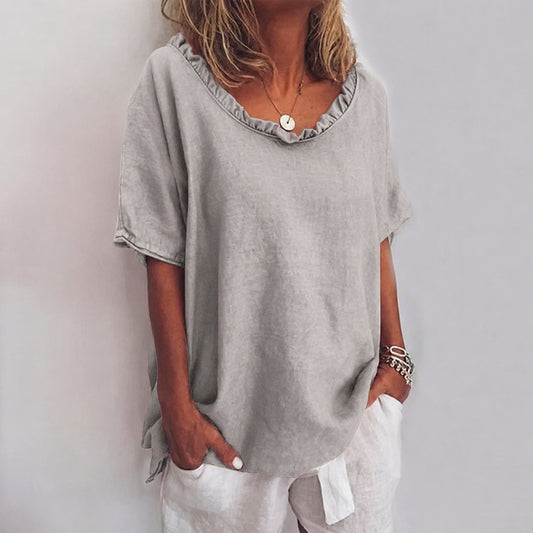 Blusa holgada de algodón con volantes y manga corta para mujer