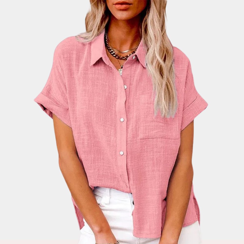 Blusa Ligera de Manga Corta Abotonada para Mujer