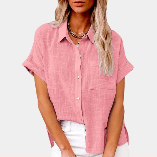 Blusa Ligera de Manga Corta Abotonada para Mujer