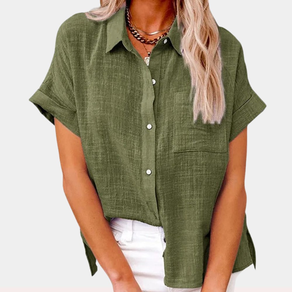 Blusa Ligera de Manga Corta Abotonada para Mujer