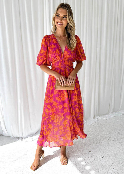 Vestido midi floral vaporoso con cuello en V y mangas abullonadas para mujer