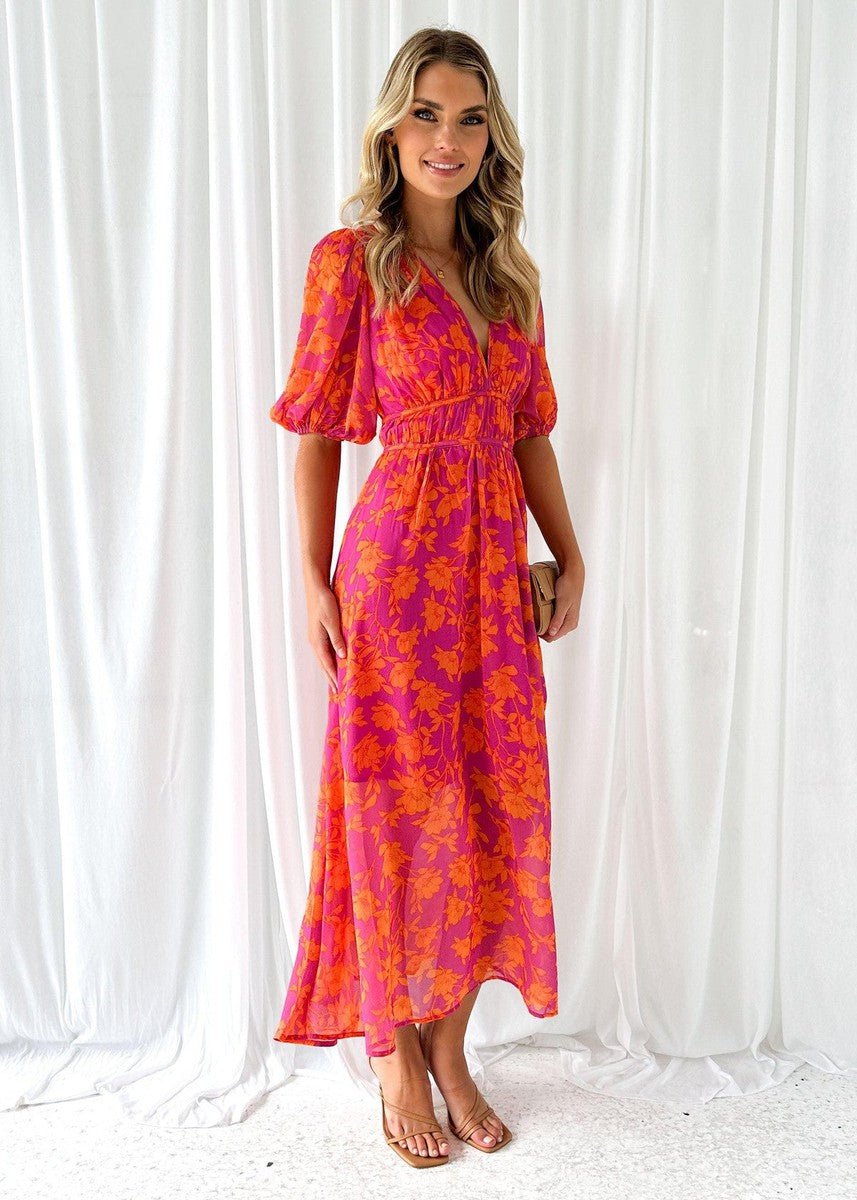 Vestido midi floral vaporoso con cuello en V y mangas abullonadas para mujer