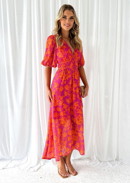 Vestido midi floral vaporoso con cuello en V y mangas abullonadas para mujer