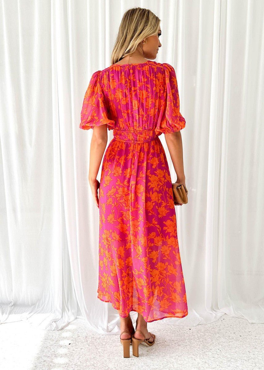 Vestido midi floral vaporoso con cuello en V y mangas abullonadas para mujer