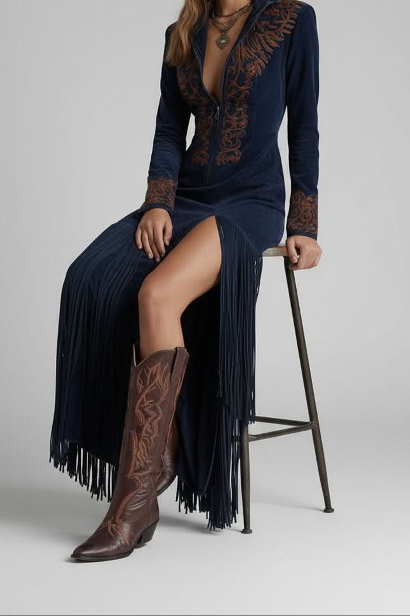 Vestido maxi de noche bordado con flecos para mujer