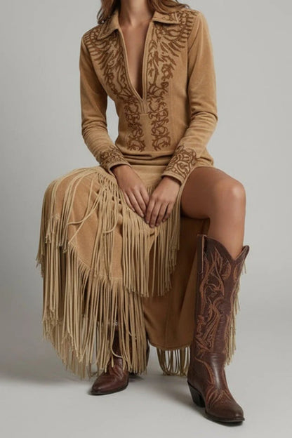 Vestido maxi de noche bordado con flecos para mujer
