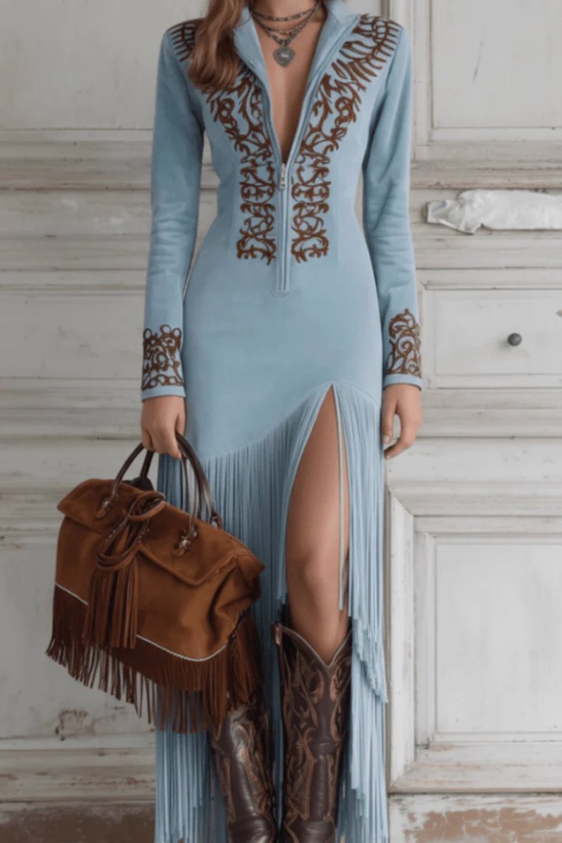 Vestido maxi de noche bordado con flecos para mujer