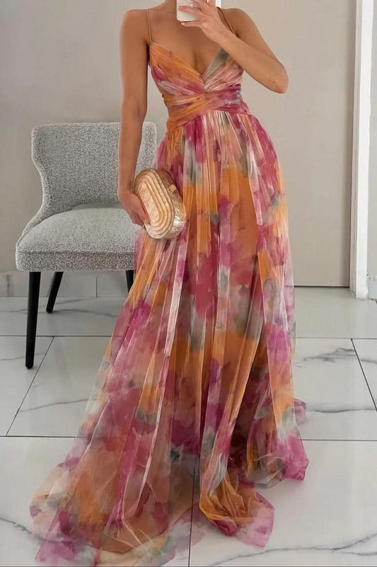 Vestido Maxi de Cóctel sin Mangas con Estampado Floral y Corte en A para Mujer
