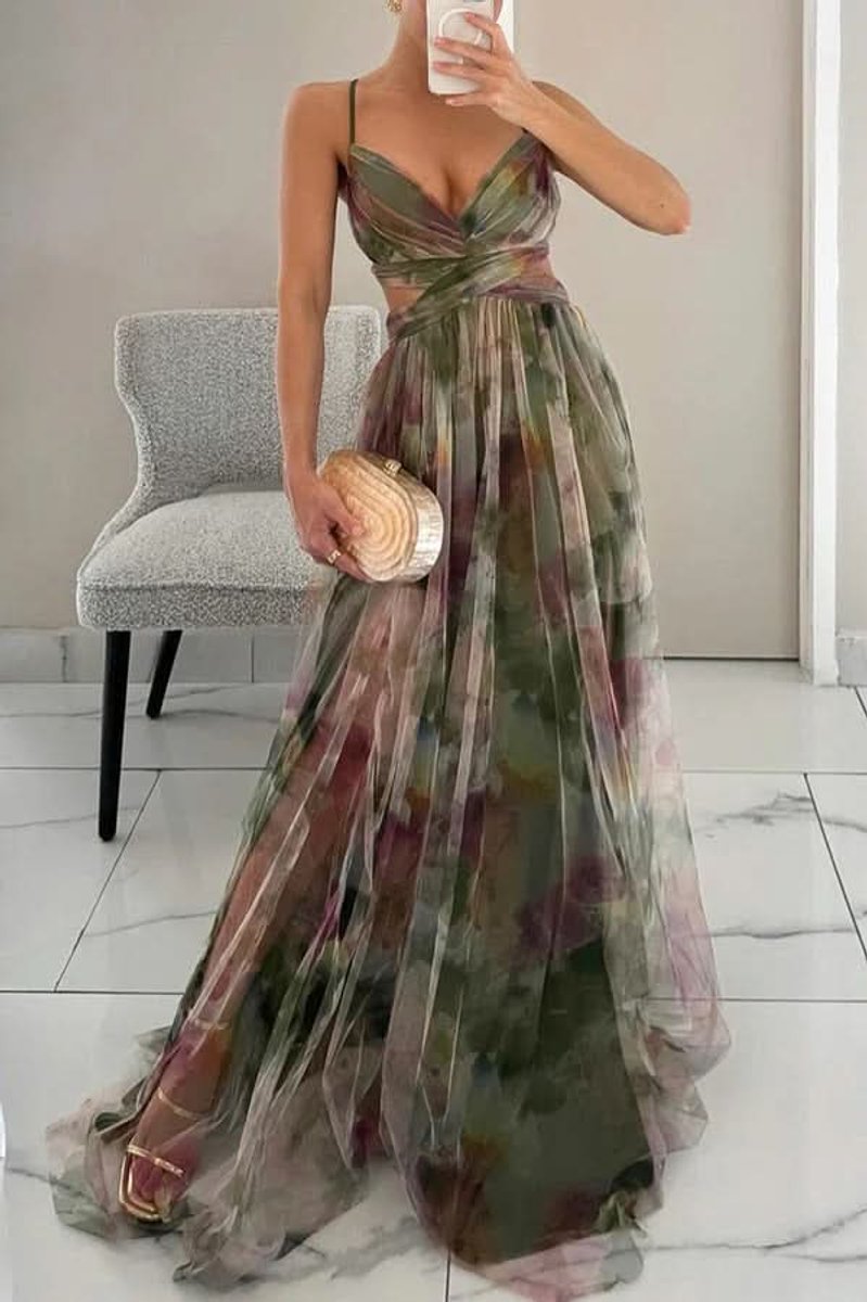 Vestido Maxi de Cóctel sin Mangas con Estampado Floral y Corte en A para Mujer