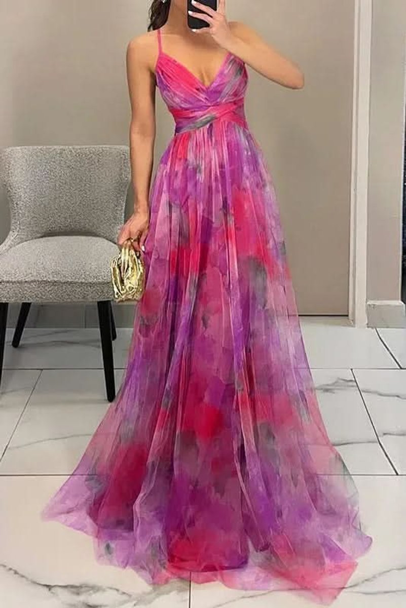 Vestido Maxi de Cóctel sin Mangas con Estampado Floral y Corte en A para Mujer