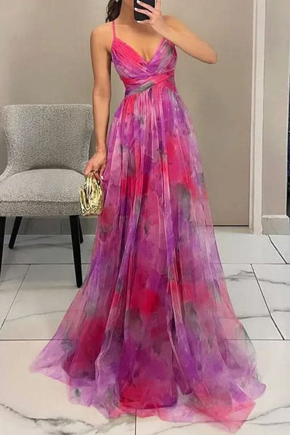Vestido Maxi de Cóctel sin Mangas con Estampado Floral y Corte en A para Mujer