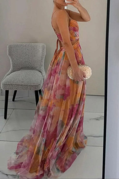 Vestido Maxi de Cóctel sin Mangas con Estampado Floral y Corte en A para Mujer