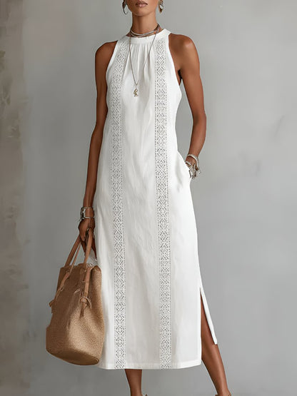 Vestido midi bordado sin mangas con cuello redondo para mujer
