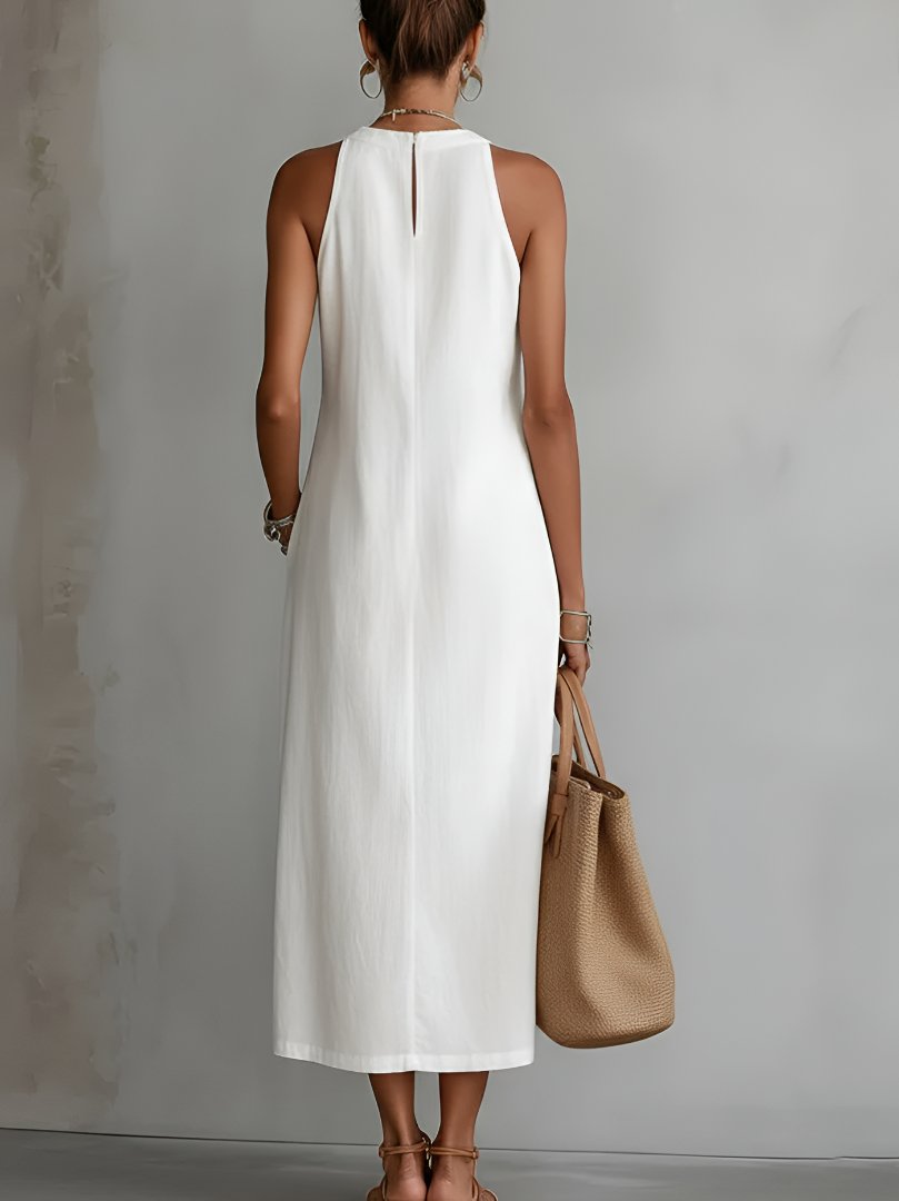 Vestido midi bordado sin mangas con cuello redondo para mujer