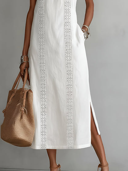 Vestido midi bordado sin mangas con cuello redondo para mujer