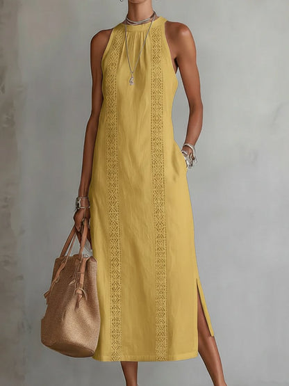 Vestido midi bordado sin mangas con cuello redondo para mujer