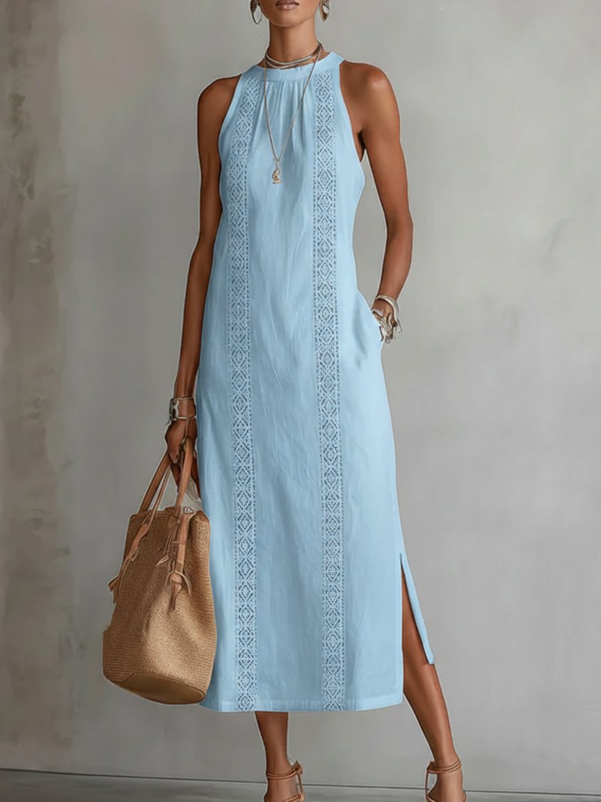Vestido midi bordado sin mangas con cuello redondo para mujer