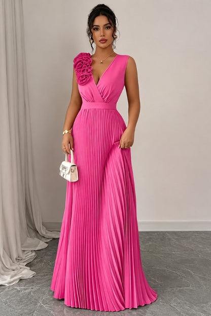 Vestido de Fiesta sin Mangas con Aplique Floral y Falda Plisada en Corte A para Mujer